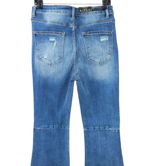 Risen Distressed Flare Jeans Women 31/13 High Rise Fray Hem Stretch NEW Med Wash