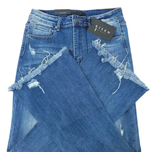 Risen Distressed Flare Jeans Women 31/13 High Rise Fray Hem Stretch NEW Med Wash