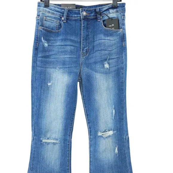 Risen Distressed Flare Jeans Women 31/13 High Rise Fray Hem Stretch NEW Med Wash