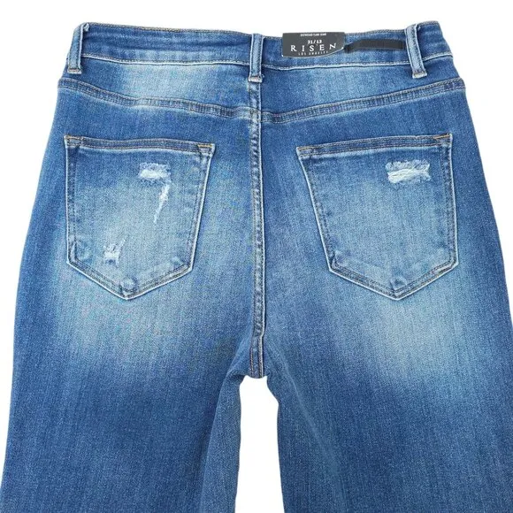 Risen Distressed Flare Jeans Women 31/13 High Rise Fray Hem Stretch NEW Med Wash