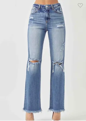 Risen Distressed High Rise Straight Jeans (Dark)