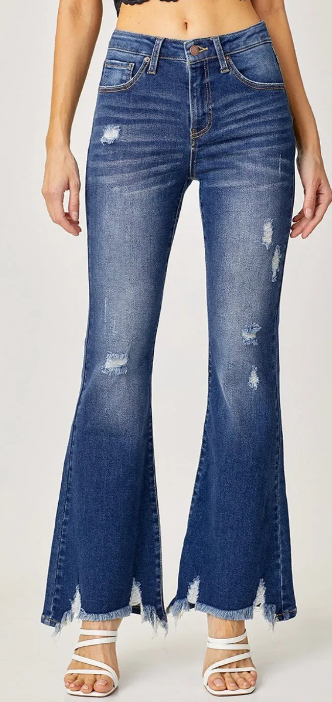 Risen High Rise Distressed Flare Jeans