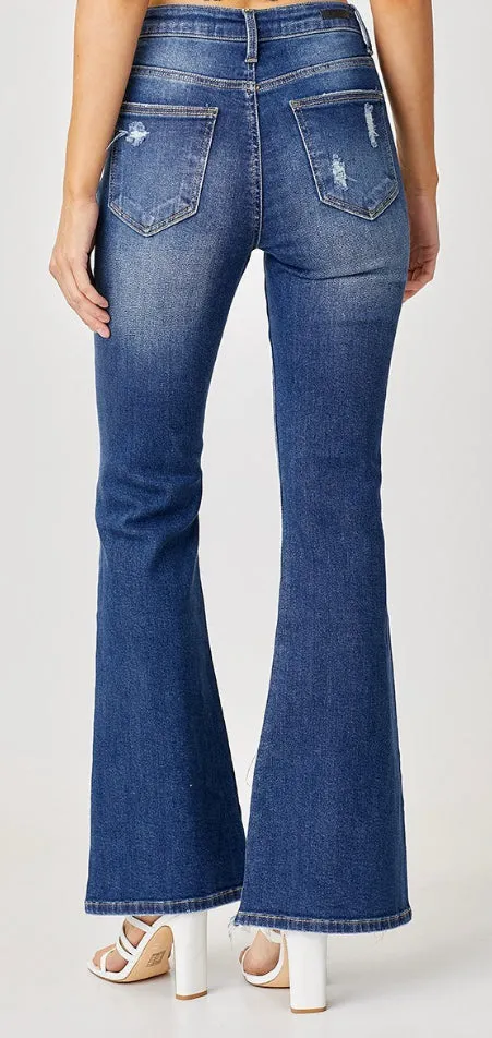 Risen High Rise Distressed Flare Jeans