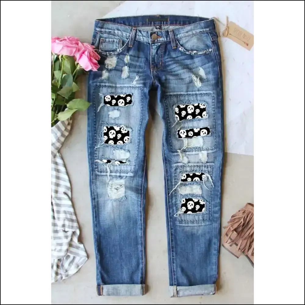 Rock your Bones in Style with Needful Things Distressed Skeleton Pattern Jeans! 💀👖