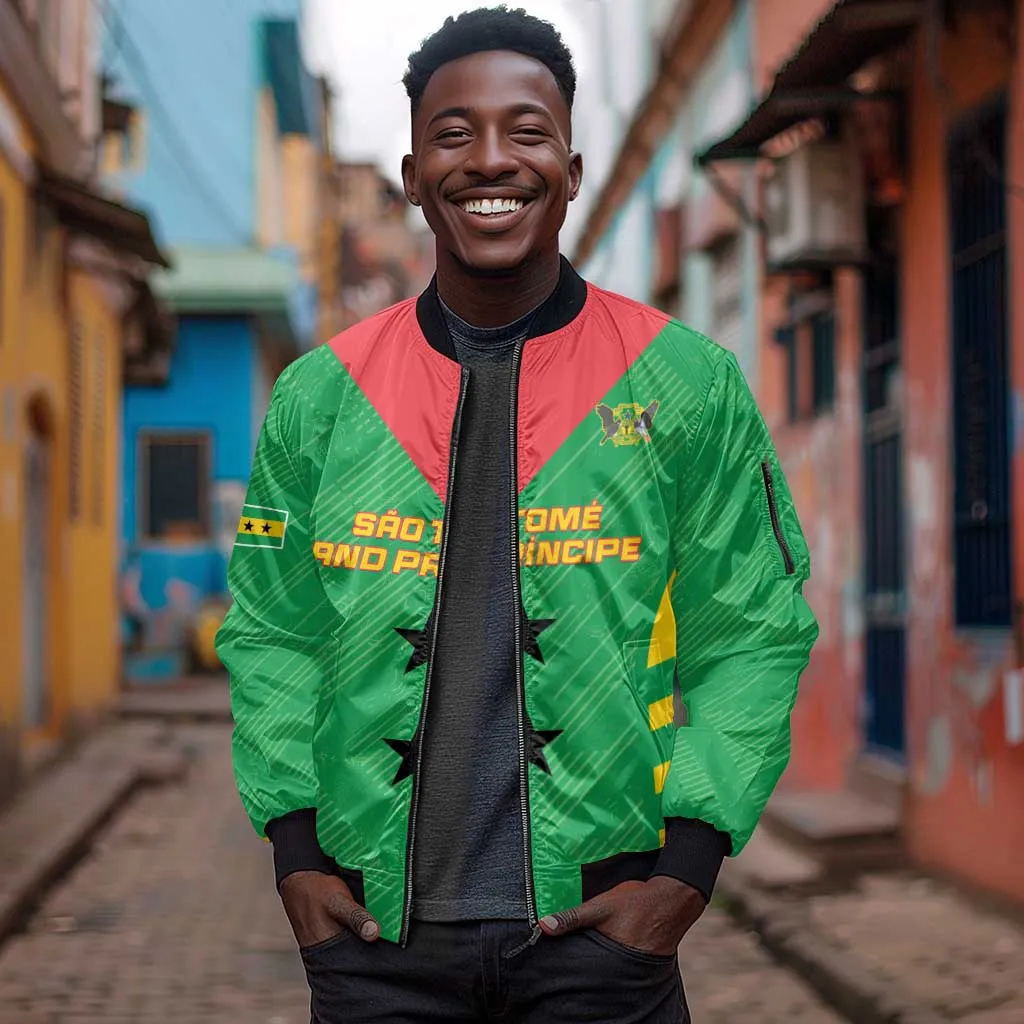 Sao Tome and Principe Football Custom Sleeve Zip Bomber Jacket Sporty Style - Green Color LT15