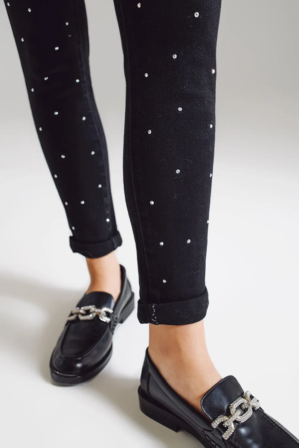 Skinny Jeans With Embellished Strass All Over In Black
