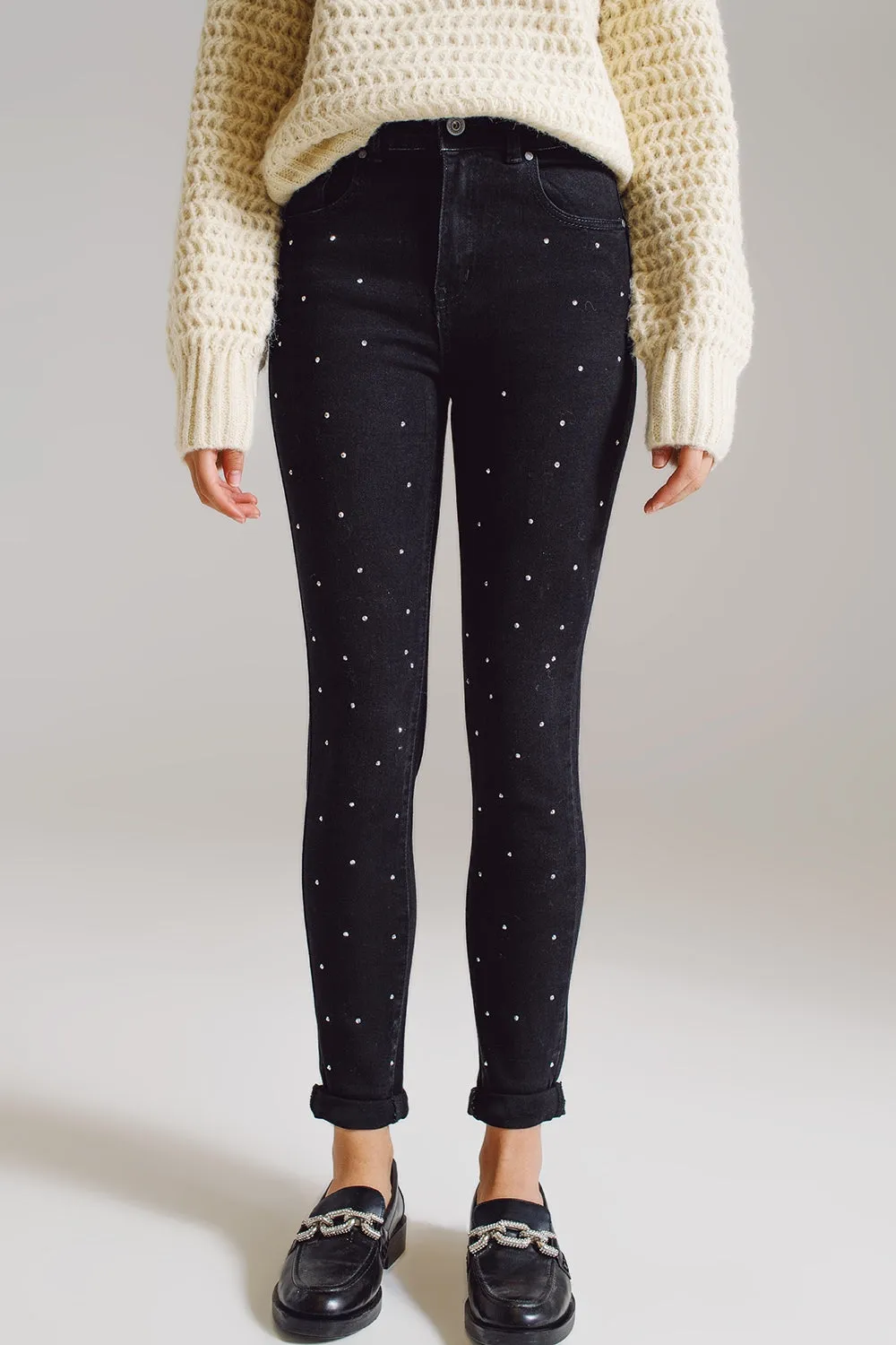 Skinny Jeans With Embellished Strass All Over In Black