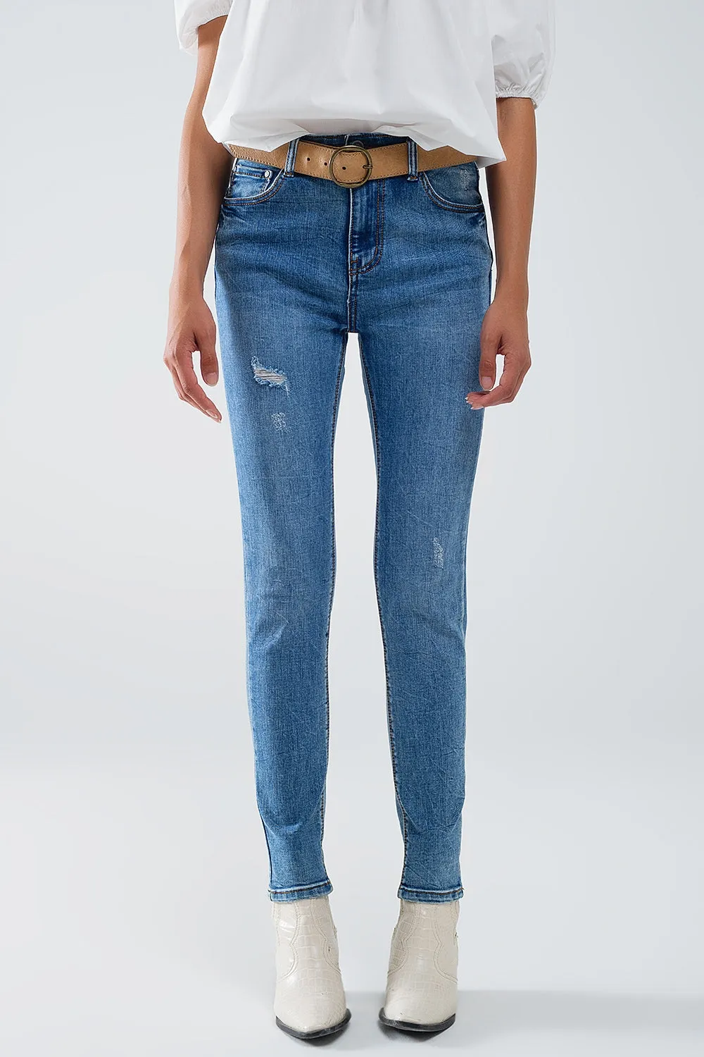 Stretch Denim super Skinny Jeans In MIdwash With Distress Details