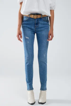 Stretch Denim super Skinny Jeans In MIdwash With Distress Details