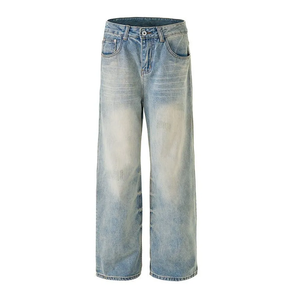 Stylish Faded Straight Leg Jeans with a Distressed Finish