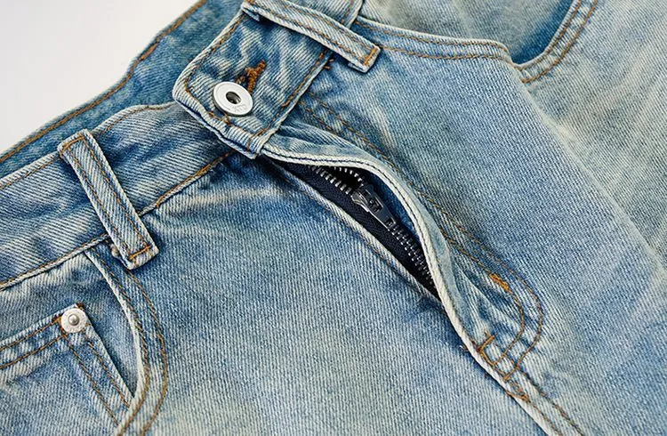 Stylish Faded Straight Leg Jeans with a Distressed Finish