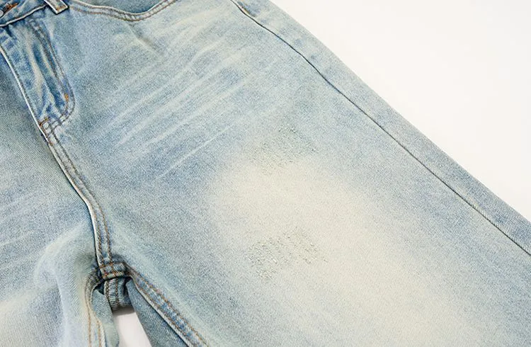 Stylish Faded Straight Leg Jeans with a Distressed Finish