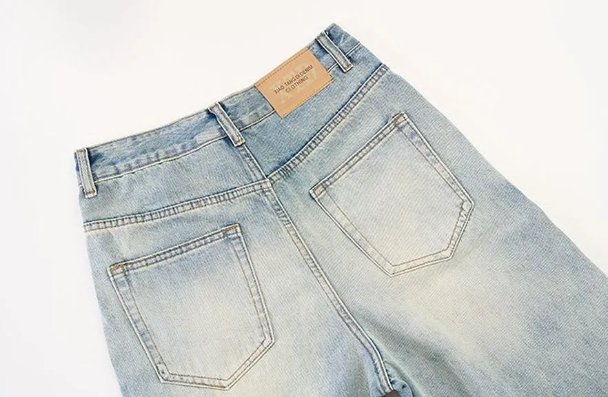 Stylish Faded Straight Leg Jeans with a Distressed Finish