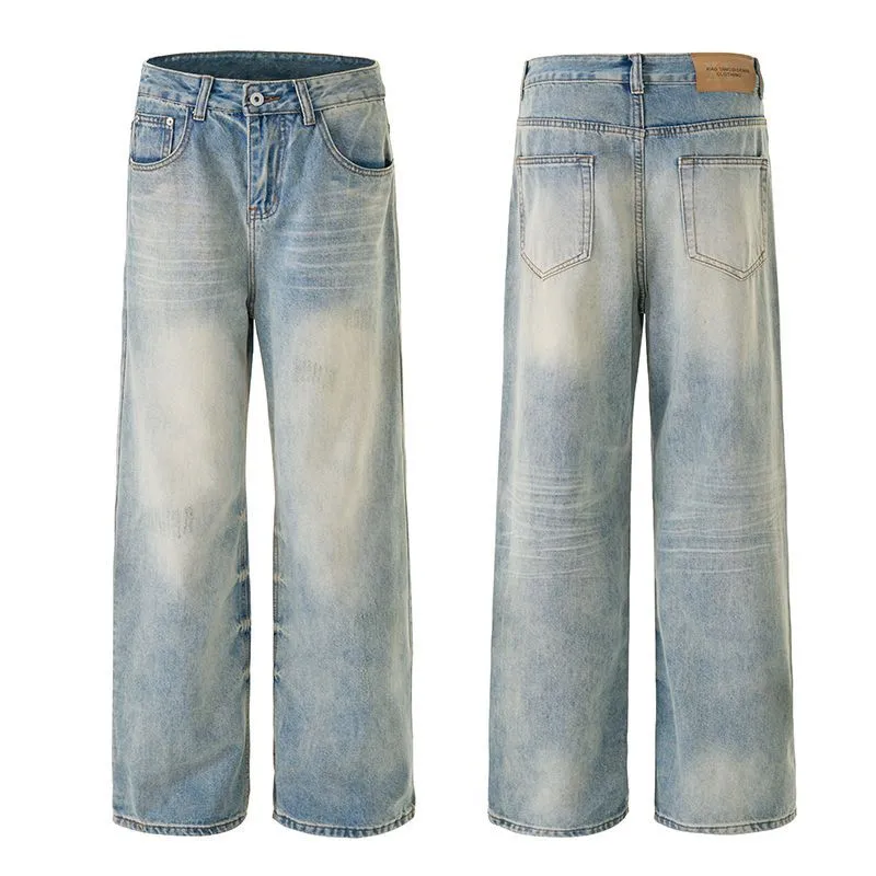 Stylish Faded Straight Leg Jeans with a Distressed Finish