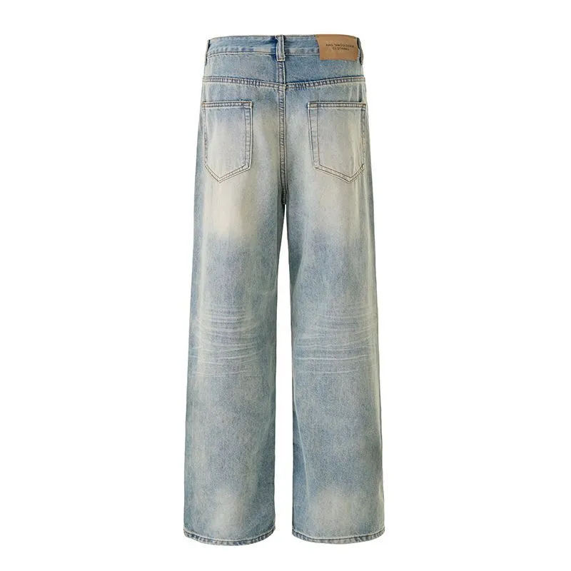 Stylish Faded Straight Leg Jeans with a Distressed Finish