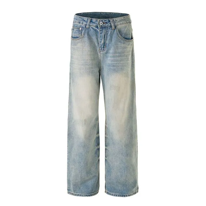 Stylish Faded Straight Leg Jeans with a Distressed Finish