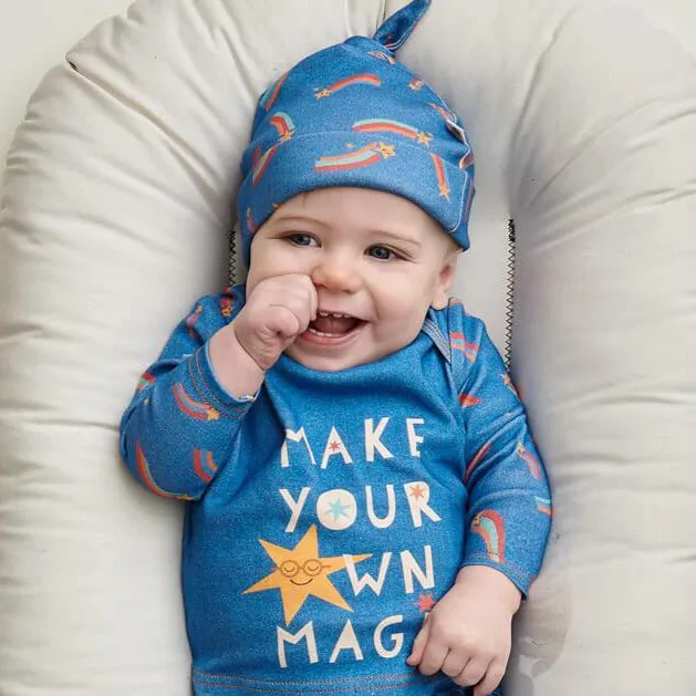 SUNSET - Blue Denim Shooting Star Baby Beanie Hat With Tie Top