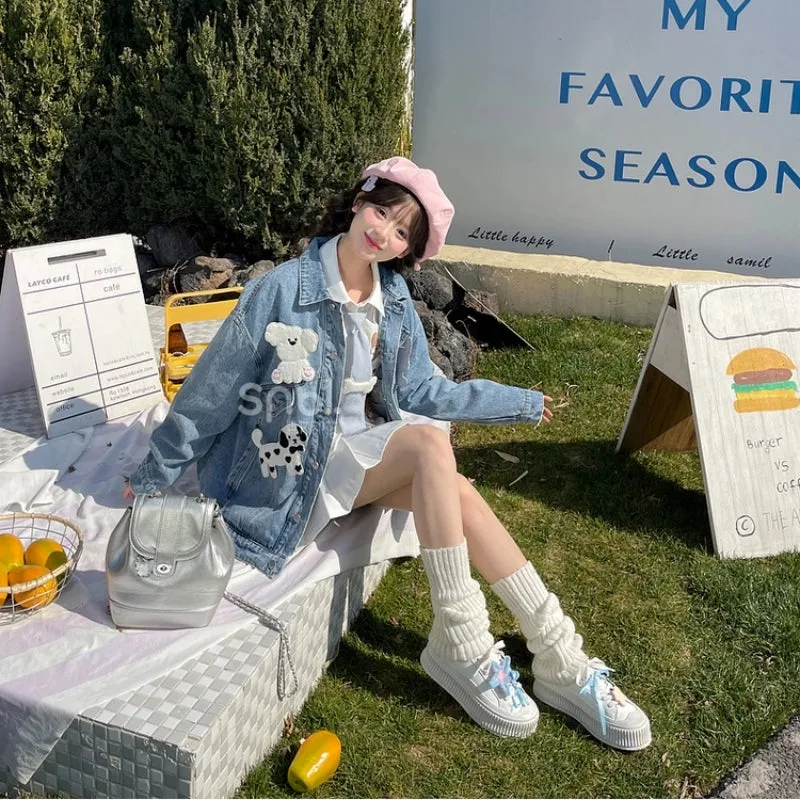 Sweet Cool Retro Style Cartoon Puppy Embroidered Denim Jacket