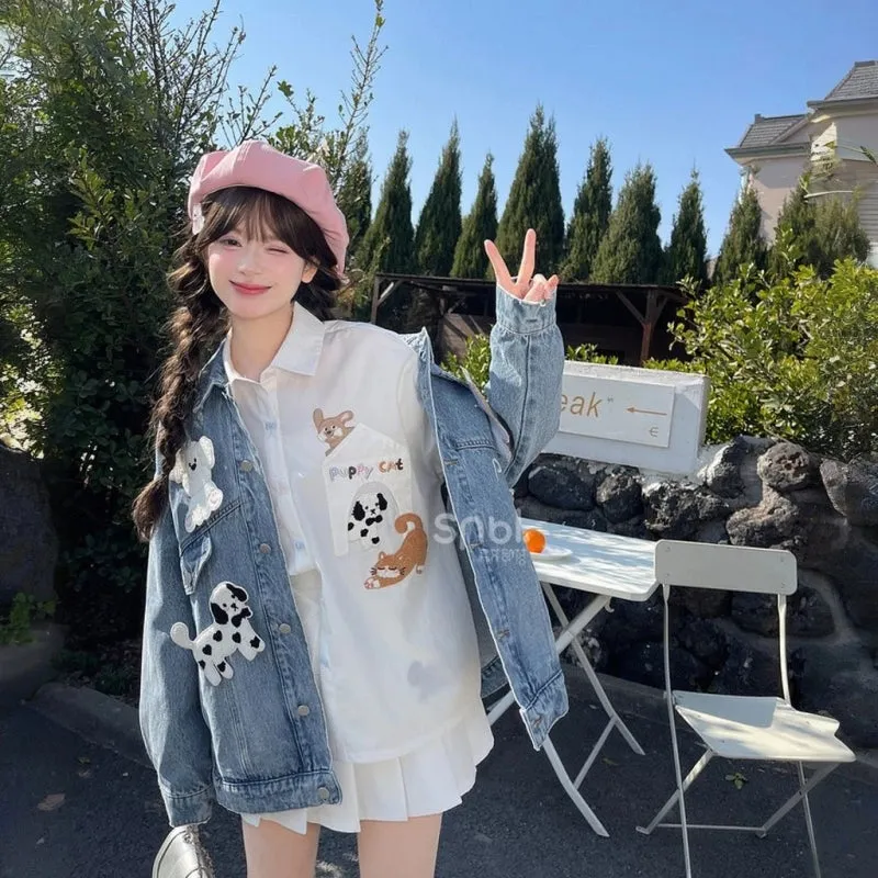 Sweet Cool Retro Style Cartoon Puppy Embroidered Denim Jacket