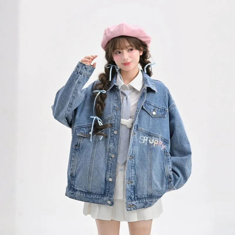 Sweet Cool Retro Style Cartoon Puppy Embroidered Denim Jacket