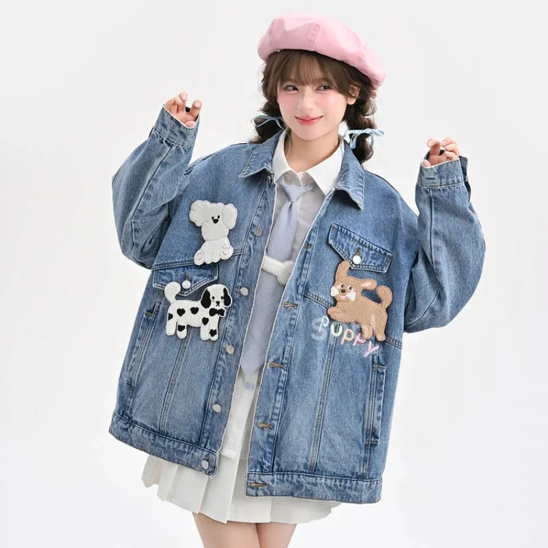 Sweet Cool Retro Style Cartoon Puppy Embroidered Denim Jacket