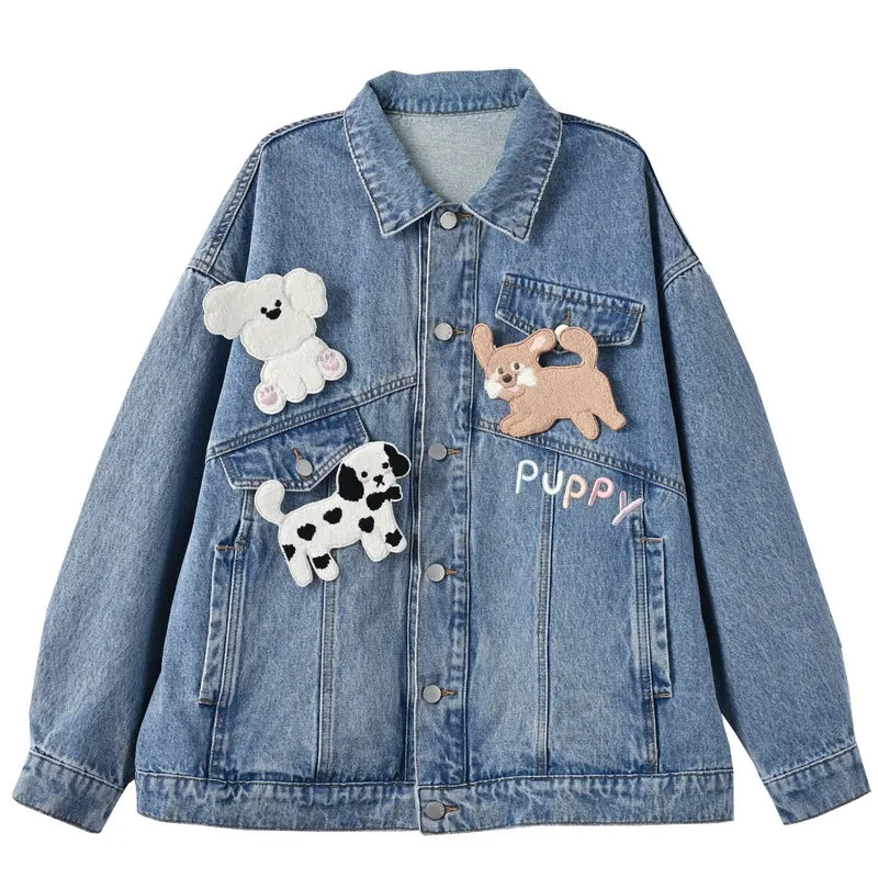 Sweet Cool Retro Style Cartoon Puppy Embroidered Denim Jacket