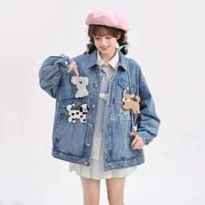 Sweet Cool Retro Style Cartoon Puppy Embroidered Denim Jacket