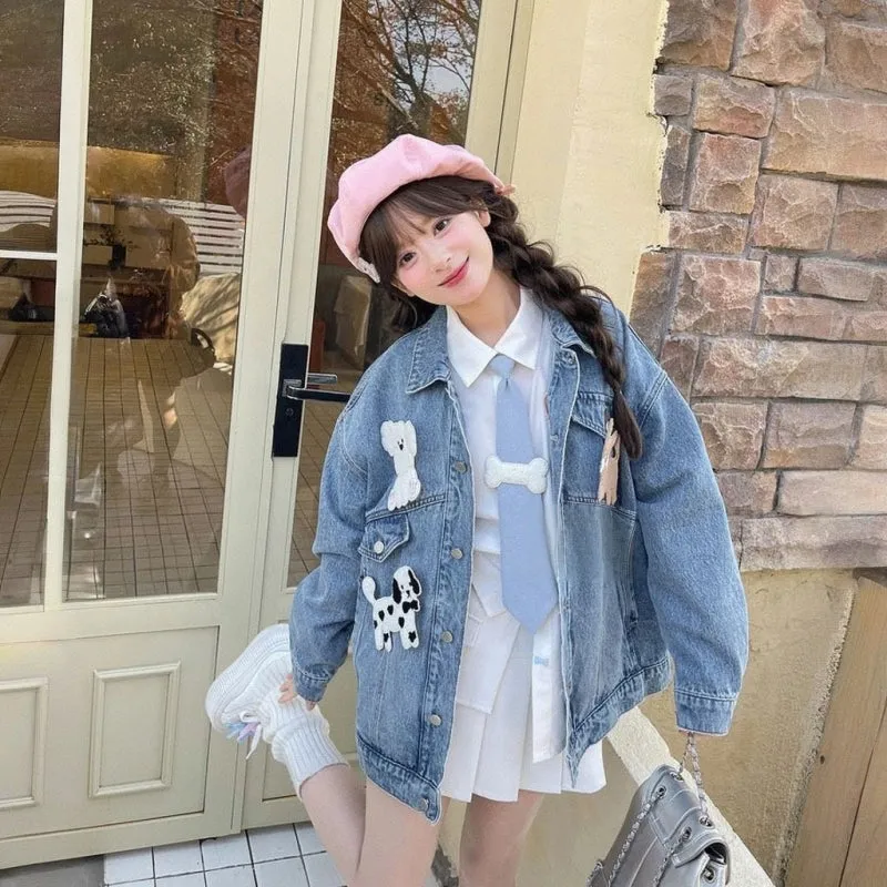Sweet Cool Retro Style Cartoon Puppy Embroidered Denim Jacket