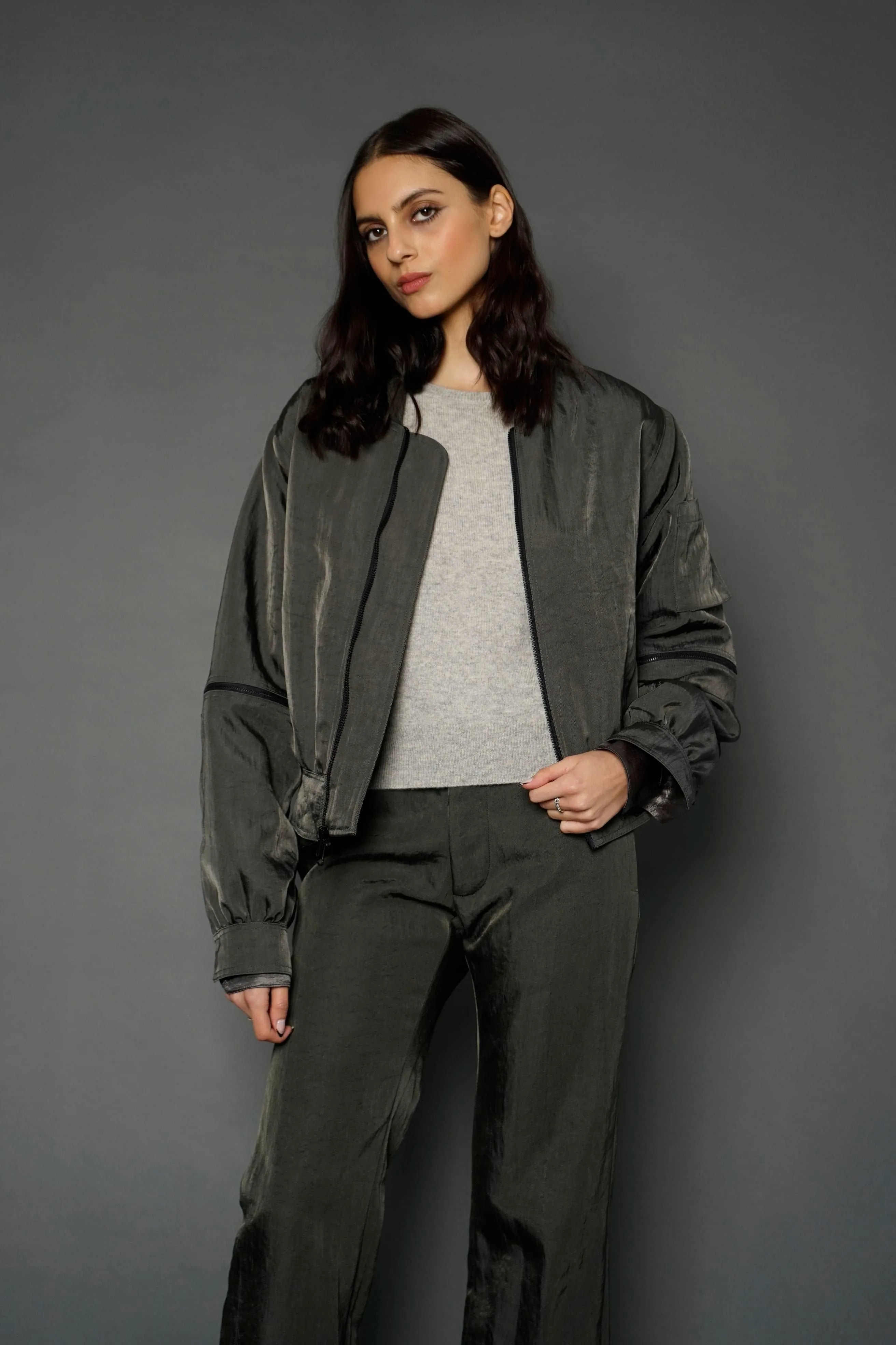 Tatum Olive Green Bomber Jacket in Nylon Twill