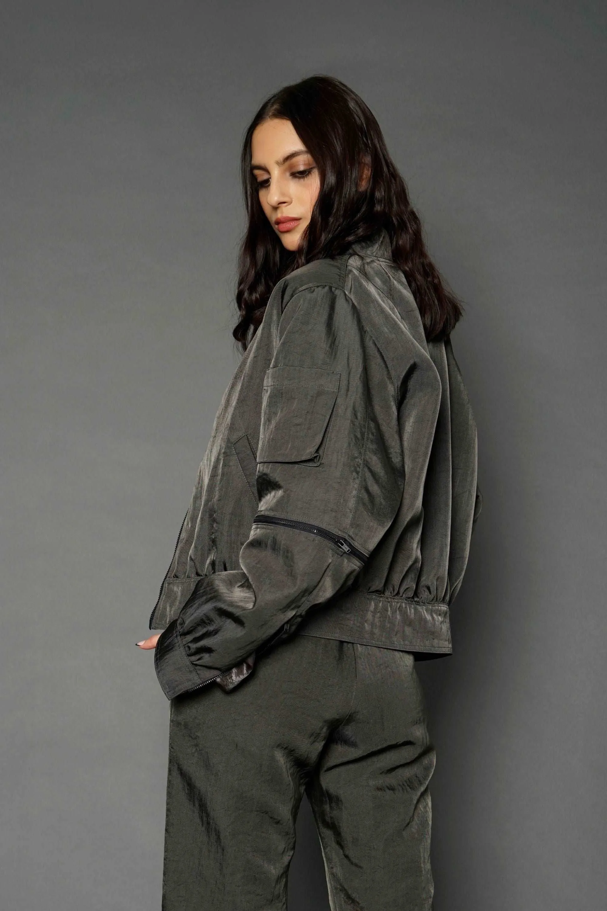 Tatum Olive Green Bomber Jacket in Nylon Twill