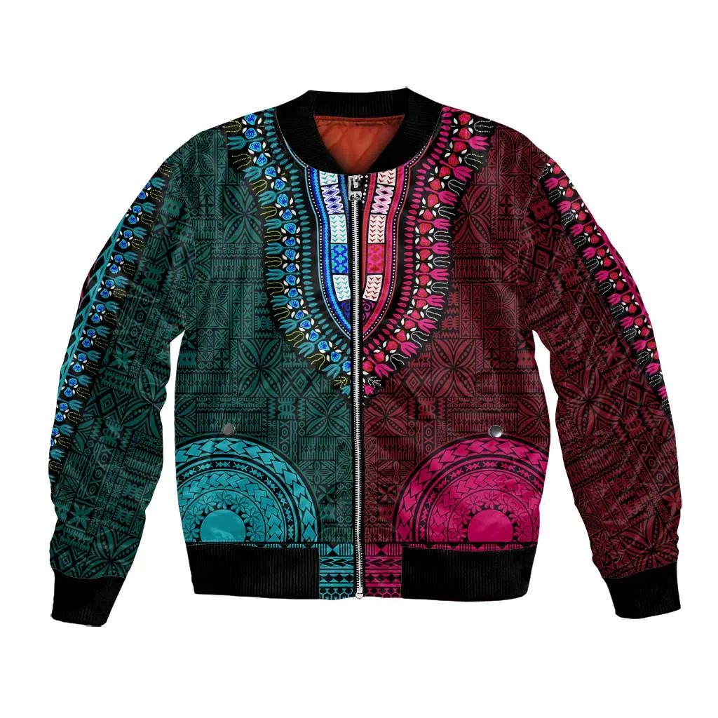 Teal-pink Dashiki and Tapa Pattern Bomber Jacket Africa-Polynesia Together Culture LT9