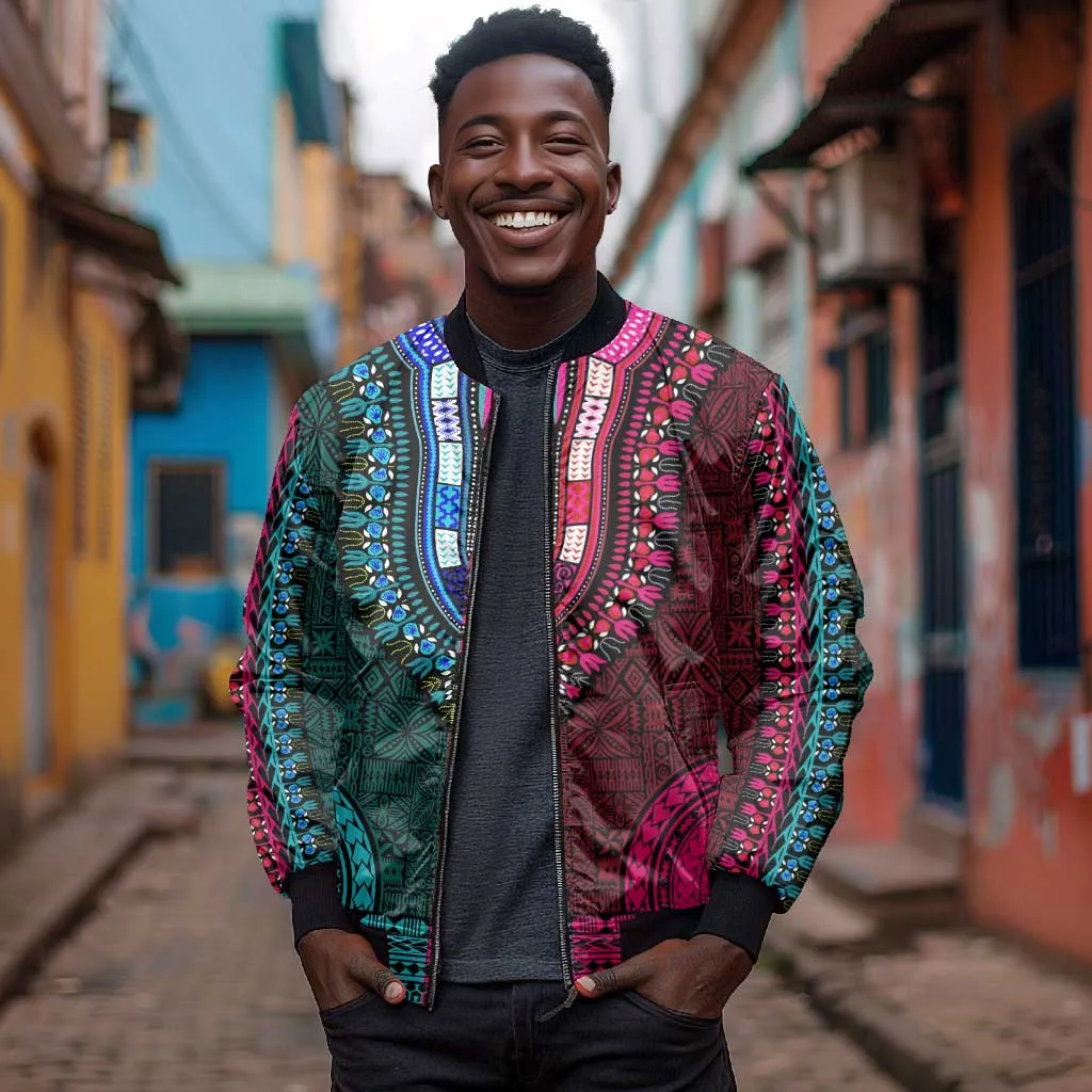 Teal-pink Dashiki and Tapa Pattern Bomber Jacket Africa-Polynesia Together Culture LT9