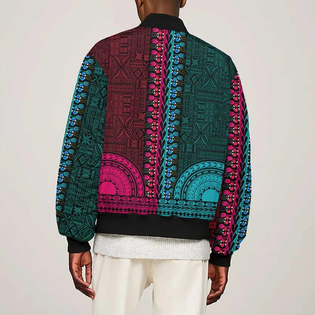 Teal-pink Dashiki and Tapa Pattern Bomber Jacket Africa-Polynesia Together Culture LT9