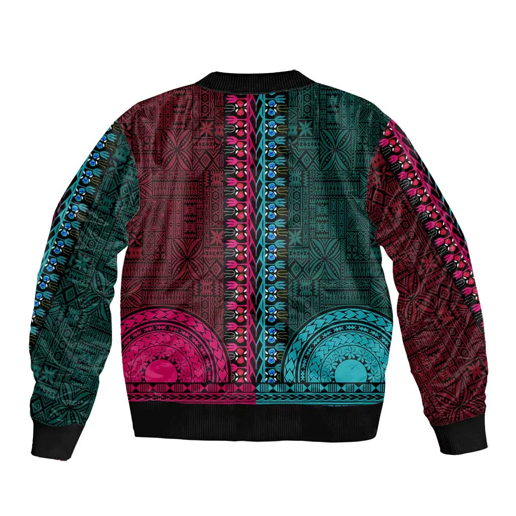 Teal-pink Dashiki and Tapa Pattern Bomber Jacket Africa-Polynesia Together Culture LT9