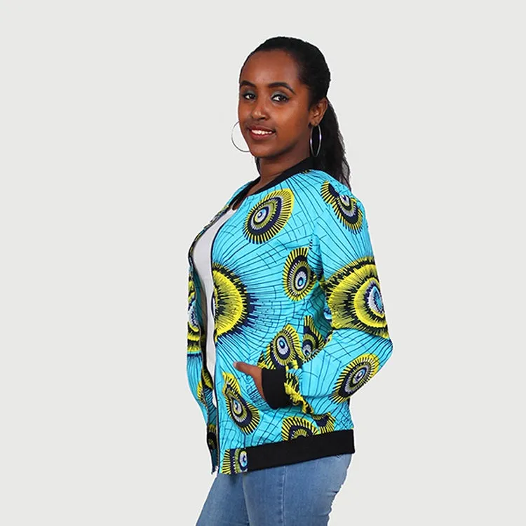 Traditional African Ankara Wax Print Uni Sex Aqua Blue Bomber Jacket