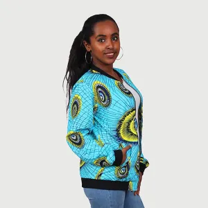 Traditional African Ankara Wax Print Uni Sex Aqua Blue Bomber Jacket