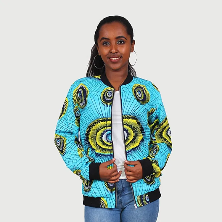 Traditional African Ankara Wax Print Uni Sex Aqua Blue Bomber Jacket