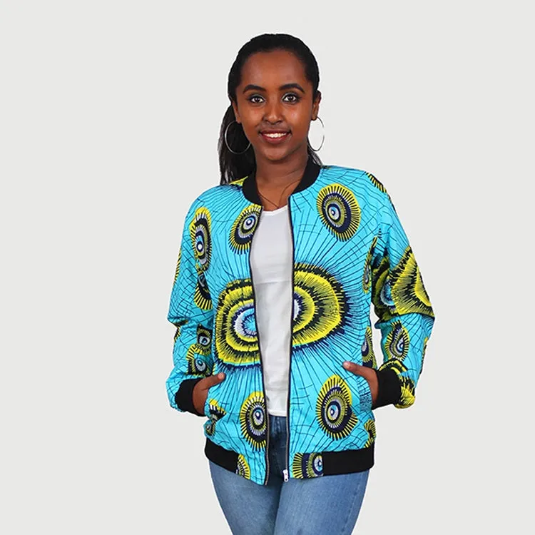Traditional African Ankara Wax Print Uni Sex Aqua Blue Bomber Jacket