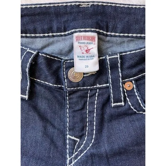 True Religion Big T Mid Rise with Flaps Skinny Jeans in Dark Blue Wash, Size 29