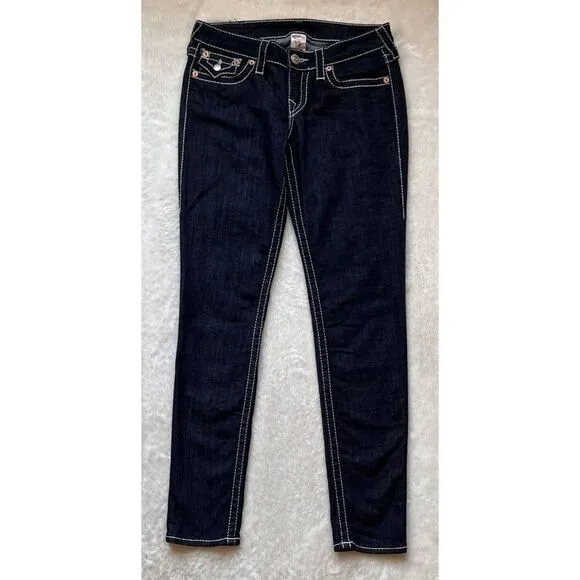 True Religion Big T Mid Rise with Flaps Skinny Jeans in Dark Blue Wash, Size 29