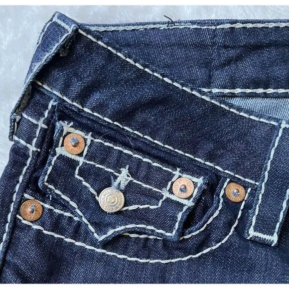 True Religion Big T Mid Rise with Flaps Skinny Jeans in Dark Blue Wash, Size 29