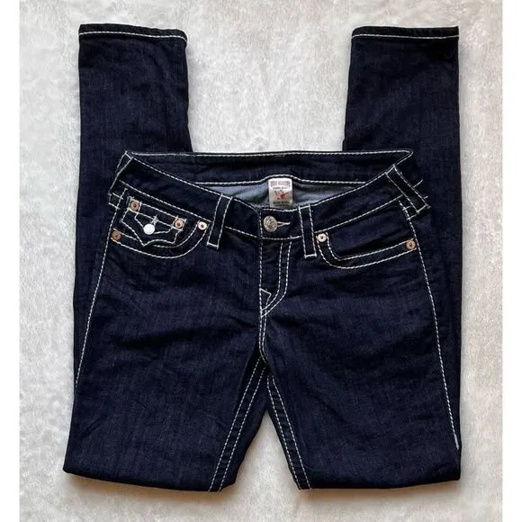 True Religion Big T Mid Rise with Flaps Skinny Jeans in Dark Blue Wash, Size 29