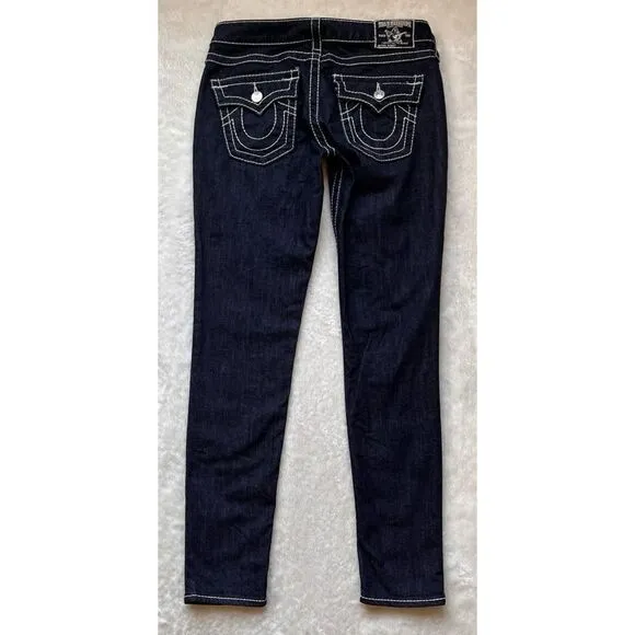 True Religion Big T Mid Rise with Flaps Skinny Jeans in Dark Blue Wash, Size 29