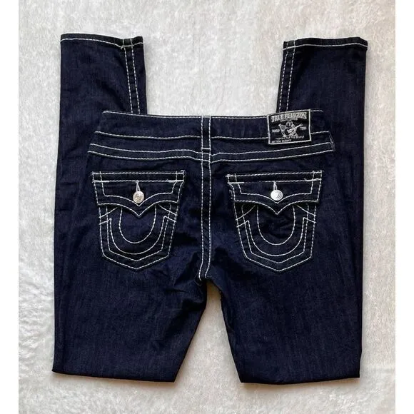 True Religion Big T Mid Rise with Flaps Skinny Jeans in Dark Blue Wash, Size 29