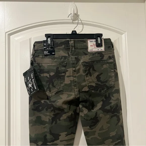 True Religion Halle Mid Rise Super Skinny Jeans in Olive Camo 26 NWT