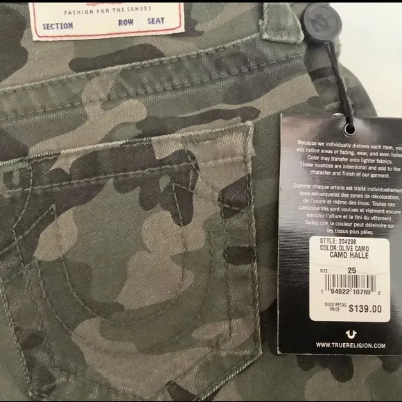 True Religion Halle Mid Rise Super Skinny Jeans in Olive Camo 26 NWT