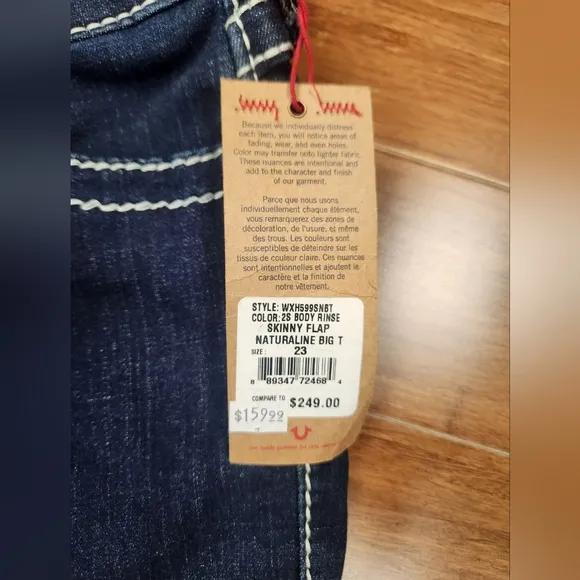 True Religion Womens Flaps Naturaline Big T Skinny Jeans Size 23 NWT