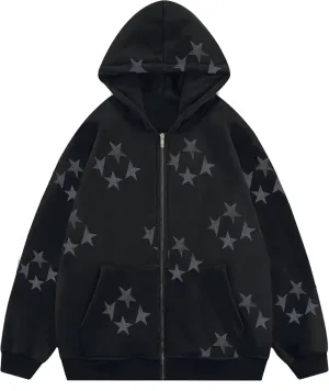 Tuislay Women Star Graphic Zip Up Hoodies Y2k for Teen Girls Oversized Streetwear E-Girl 90s Baggy Grunge Sweatshirt Jacket(BlackM)