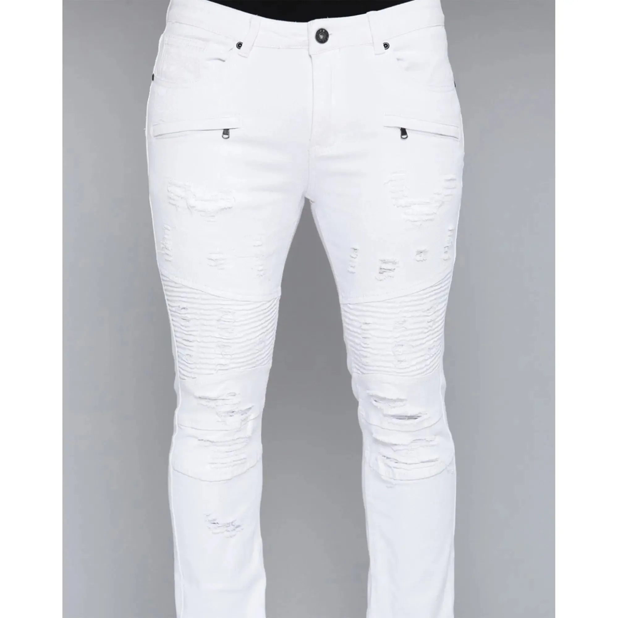 WaiMea Men Biker Skinny Fit Ripped Twill Jeans (White)