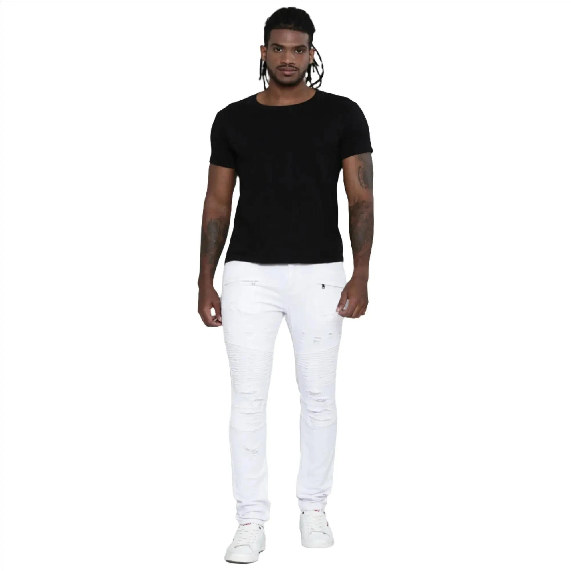 WaiMea Men Biker Skinny Fit Ripped Twill Jeans (White)